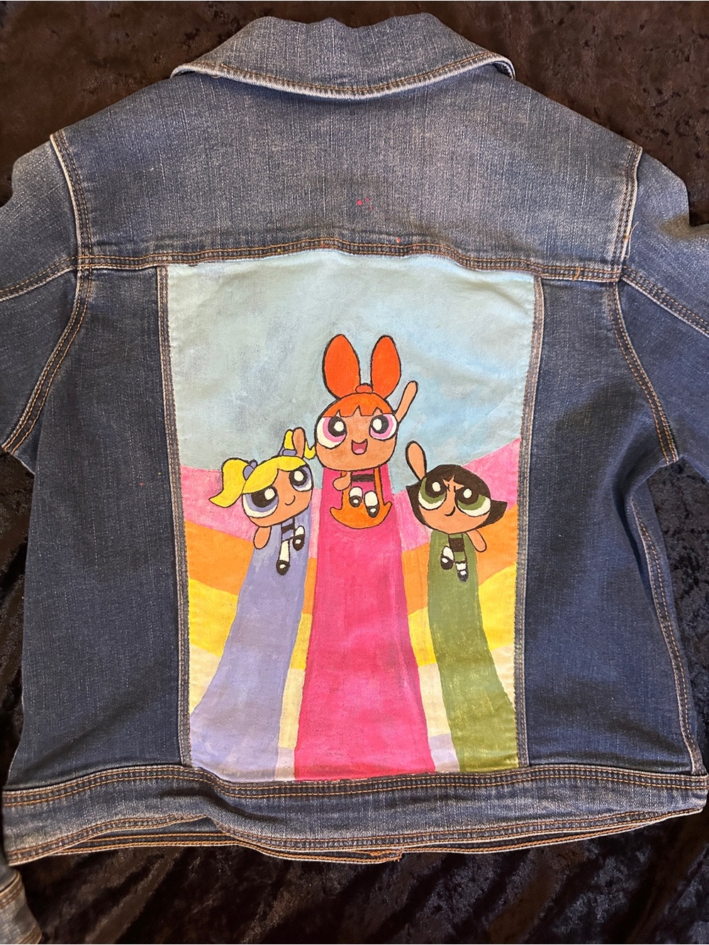 Cat & Jack Blue Denim Jacket with hand painted Power Puff Girls back panel